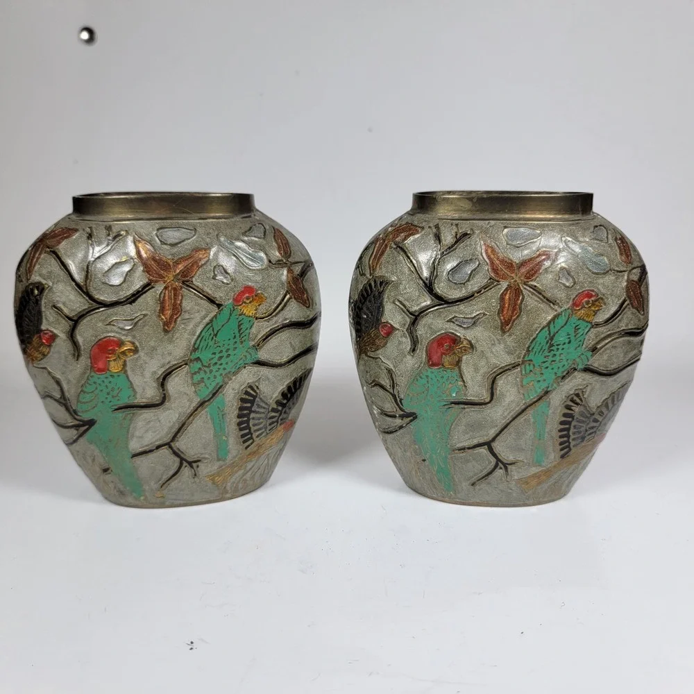 Vintage Brass and Enamel Cloisonné Floral Bud Flat Vase 4.25